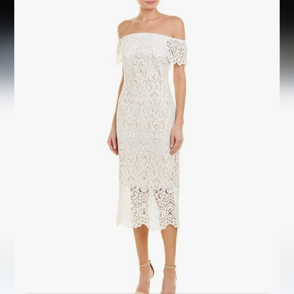 Shoshanna Midnight Madison Off The Shoulder Sheath Midi Dress, Size 12